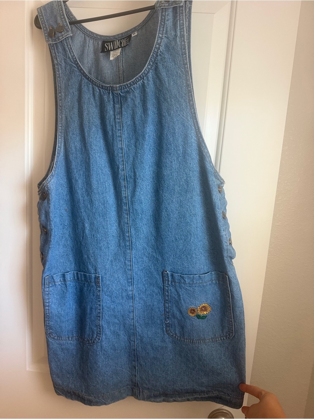 SWITCH VINTAGE Denim Pinafore Dress with Sunflower Pocket